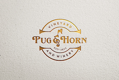 Pug and Horn Badge badge branding brian white dog gold identity lettering logo logo design music pug typography wine