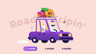 Road Tripin' 2d animation car character character animation design dog driving gif guitar illustration interactive motion graphics road trip thelittlelabs web animation