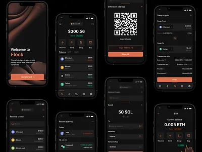 Flock - A Community-Driven Crypto Wallet Design app appdesign blockchain crypto cryptocurrency cryptowallet dailyui dapp design figma home screen mobile mobileapp recent activity screen splash screen swap screen token ui ux wallet