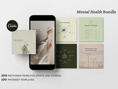 Mental Health Social Media Bundle aesthetic creative educational graphic design healing infographics inspiring instagram instagram post instagram story mental health motivational pinterest pinterest template quotes self care social media social media design social media templates therapists