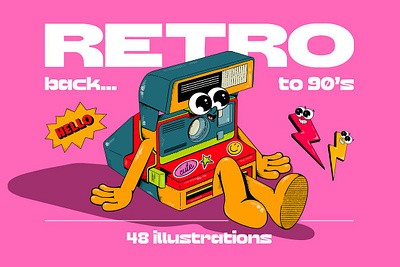 Back To 90's. Retro Collection character drawing character illustration polaroid polaroid illustration radio tamagotchi telephone walkman y2k