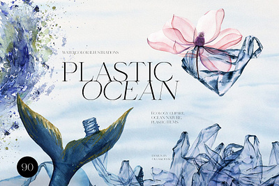 Plastic Ocean Ecology abstract background floral flower illustration magazine pattern plastic bag clipart social media watercolor watercolor background watercolor whales