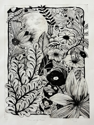 Moon and the Flowers printmaking