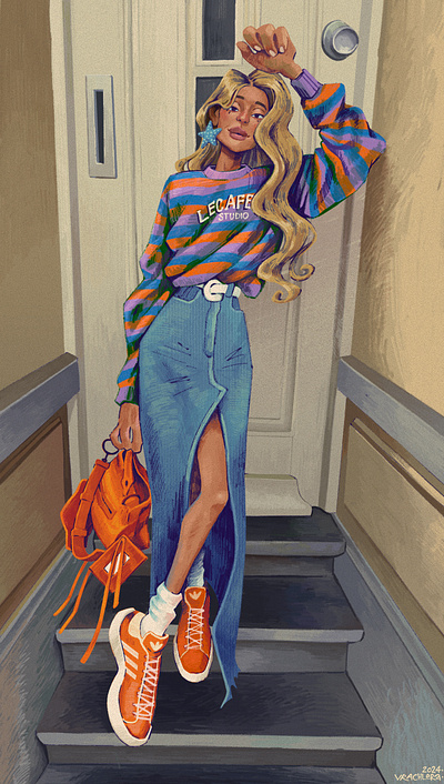 Girl in a striped blouse comics fashion illustration raster graphics