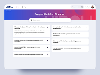 Onboarding - FAQ app uiux colorfull web design creative web design faq faq designn frequently asked question gradient help modern web design onboarding uiroll web support page website design website inner page website uiux