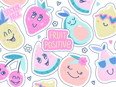 Fruit positive. Sticker pack fruit fruit illustration fruit patches fruit vector funny fruits graphic graphic design illustration kids sticker patch pattern smile sticker sticker pack