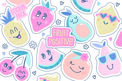 Fruit positive. Sticker pack fruit fruit illustration fruit patches fruit vector funny fruits graphic graphic design illustration kids sticker patch pattern smile sticker sticker pack