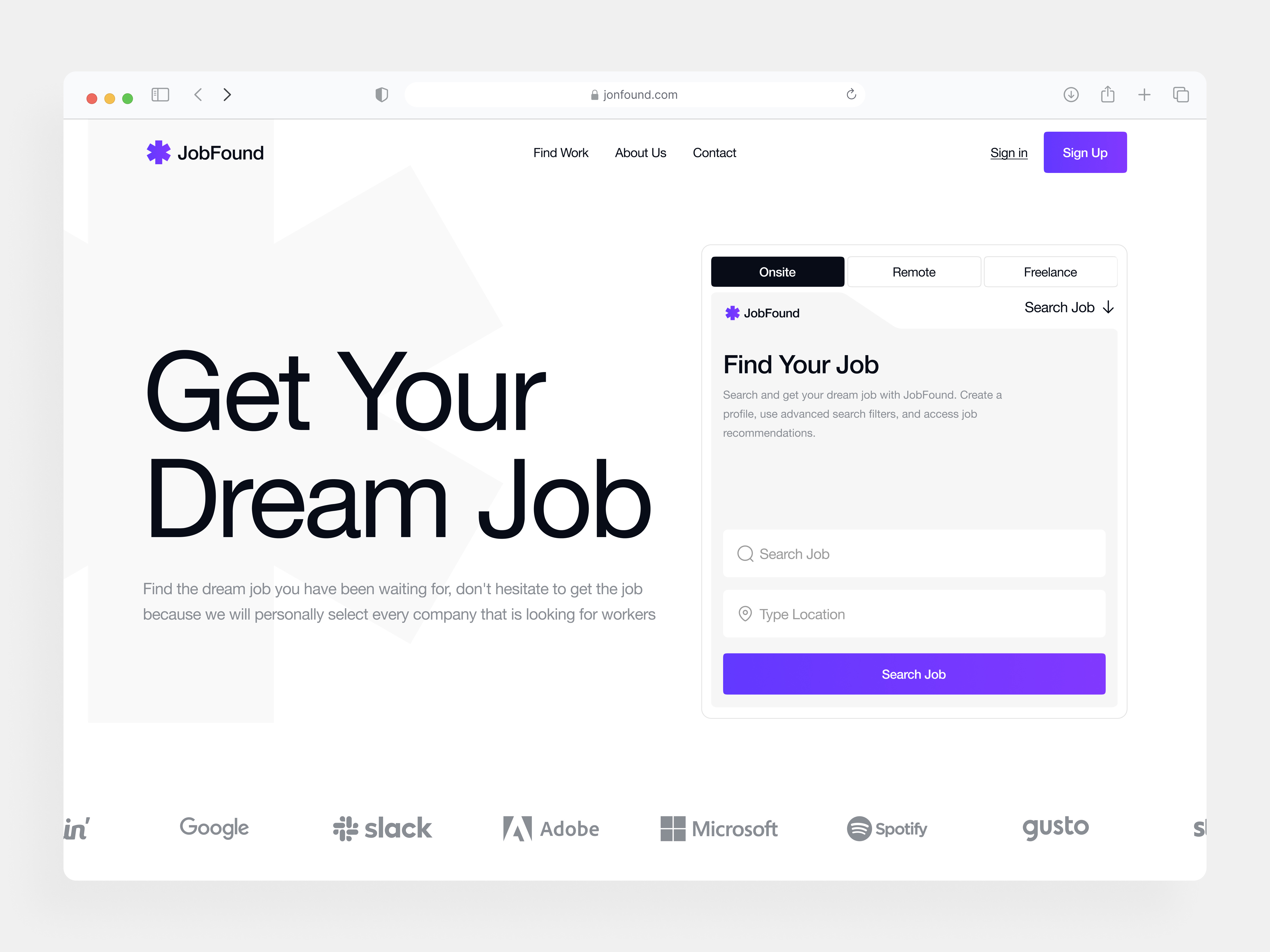 JobFound - Job Seeker Platform Landing Page clean clean design company profile design dream job hiring homepage job seeker landing page minimalist minimalist website promotion purple ui uiux ux web design