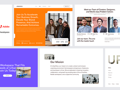 Urbanpace - About Us Page about page about us about us landing page about us page brand identity branding card coworking design hero landing page minimalist rental ui unique layout ux web design website working space workspace