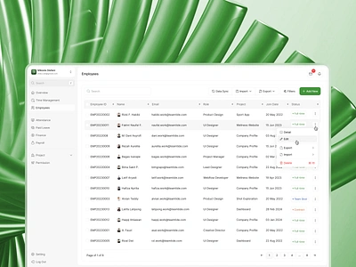 TeamTide - Employee detail employee export filters form general hr hr management import management modal product design project role status sync