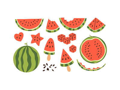 Watermelon set cartoon concept design flat food fresh fruit icecream illustration red slice sweet vector watermelon whole