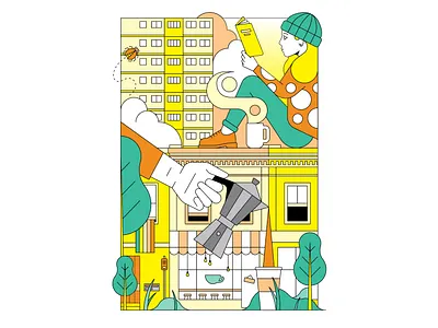 The Cafe breakfast brunch bug cafe coffee commission flats diner fitzroy gertrude street girl lunch melbourne percolated coffee risograph trees vector