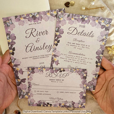 Purple Bloom Wedding Invitation canva template graphic design printable wedding invitation