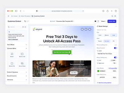 📨 etsymil • Mail Builder (Customize Content) Dashboard app button canvas content customize dashboard design edit edit content email email template mail mail builder preview settings tools ui ux web app web design