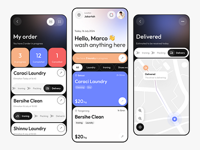 Laundry Mobile App app cleaning cleaning service gradient laundry laundry app minimal mobile mobile ui order tracking product design service tracking ui ui ux ux