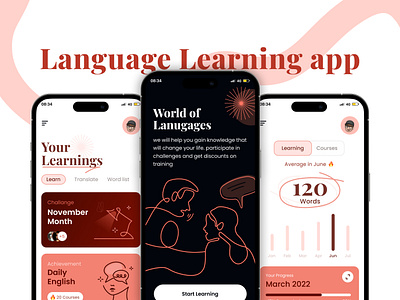 Language Learning Mobile App UI Design animation app design branding creative design eductaion figma hero section illustration landing page language learning logo minimalist mobile mobile app ui ui design ux webdesign