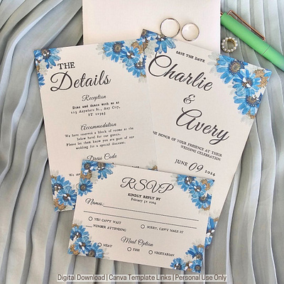 Floral Blues & Bees Wedding Invitation design graphic design wedding card wedding invitation