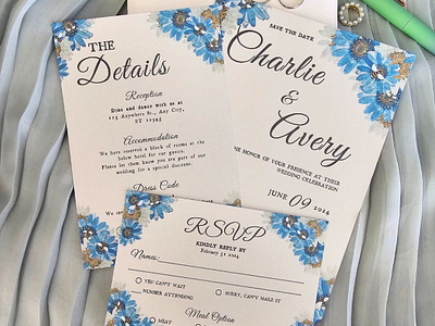 Floral Blues & Bees Wedding Invitation design graphic design wedding card wedding invitation