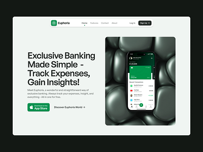 Euphoria Bank App Landing Page app app design app designer bank banking banking app best app designer best website designer clean ui clean ui design euphoria finance fintech fintech startup minimal minimalistic track finances web designer website designer