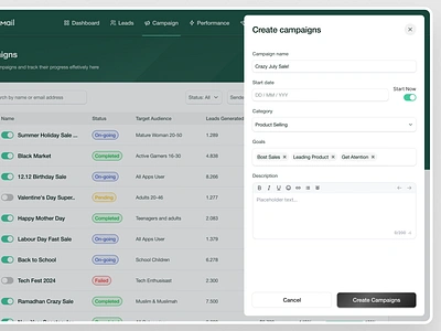 Zapmail - Campaign Cold Email Marketing Web App ads management campaigns clean dashboard cold email create create campaigns database email email campaign email marketing launch marketing marketing dashboard product design real project saas saas dashboard uiux web apps web design