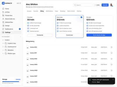 Plans & billing settings — Untitled UI alert billing billing history billing settings minimalism nav menu navigation notification payment settings plans product design side nav sidebar sidenav tabs ui design ui kit user interface