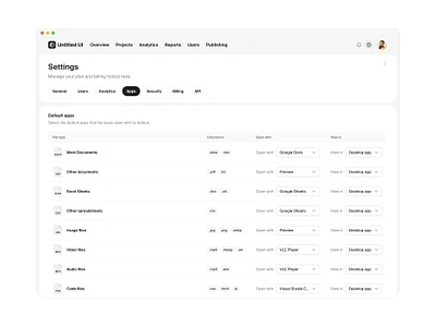 Default apps settings — Untitled UI figma files minimal nav preferences product design saas settings settings page table tabs ui design ui library user interface