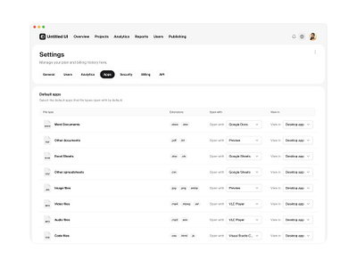 Default apps settings — Untitled UI figma files minimal nav preferences product design saas settings settings page table tabs ui design ui library user interface