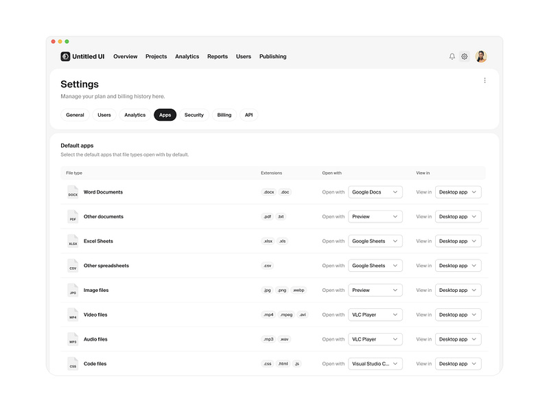 Default apps settings — Untitled UI figma files minimal nav preferences product design saas settings settings page table tabs ui design ui library user interface