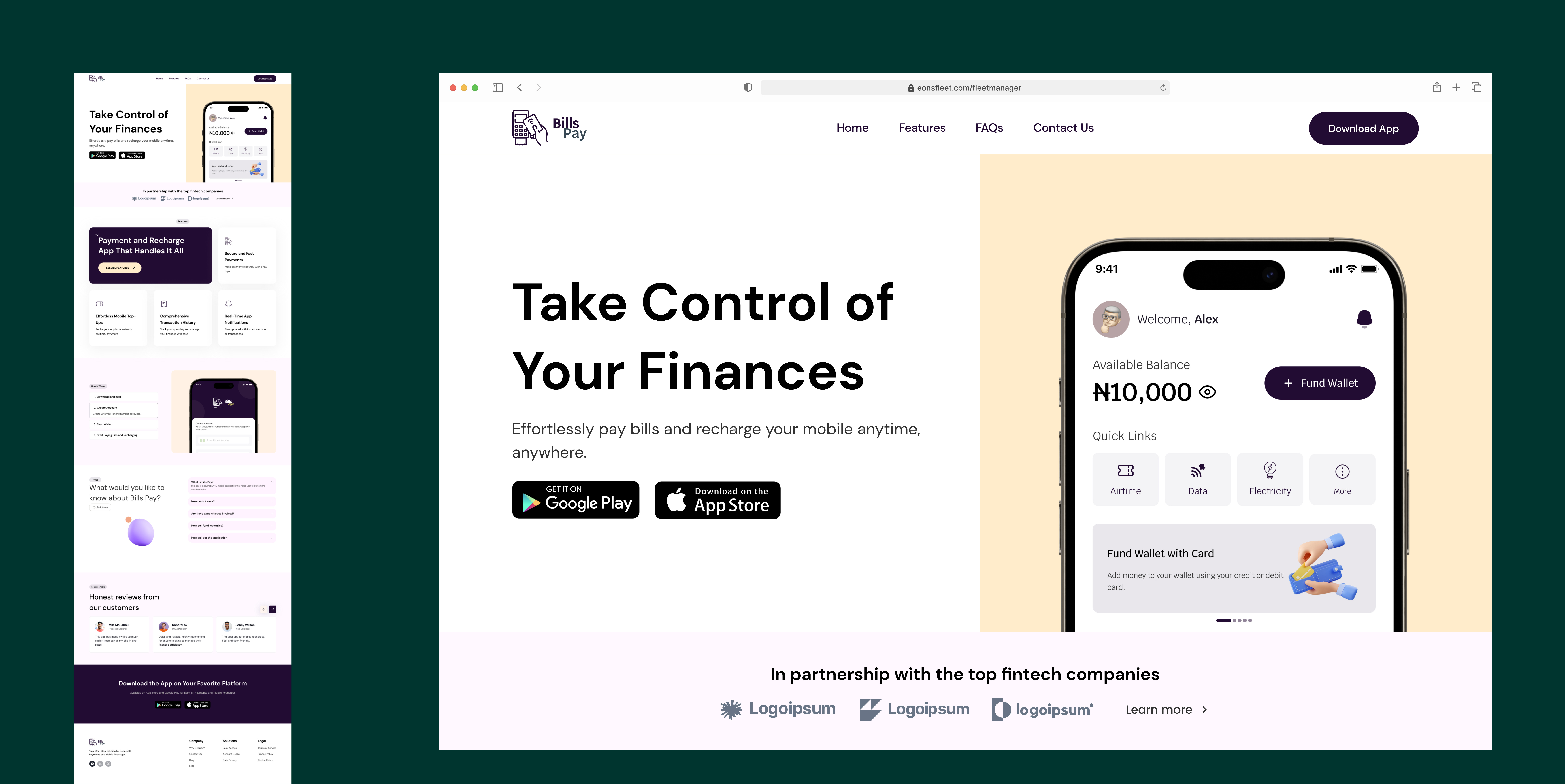 Bills Pay - A Fintech Landing Page Exploration app design productdesign ui uiux ux web design webdesign
