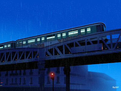 Metro city drawing illustration light neon paris poster rain travel voyage