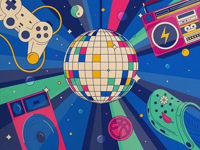 Happy 15th! 🎉 animation anniversary basketball beams birthday blizzard boom box crocs disco discoball dribbble fun funk illustration party playfull psychedelic speaker warm up ying yang