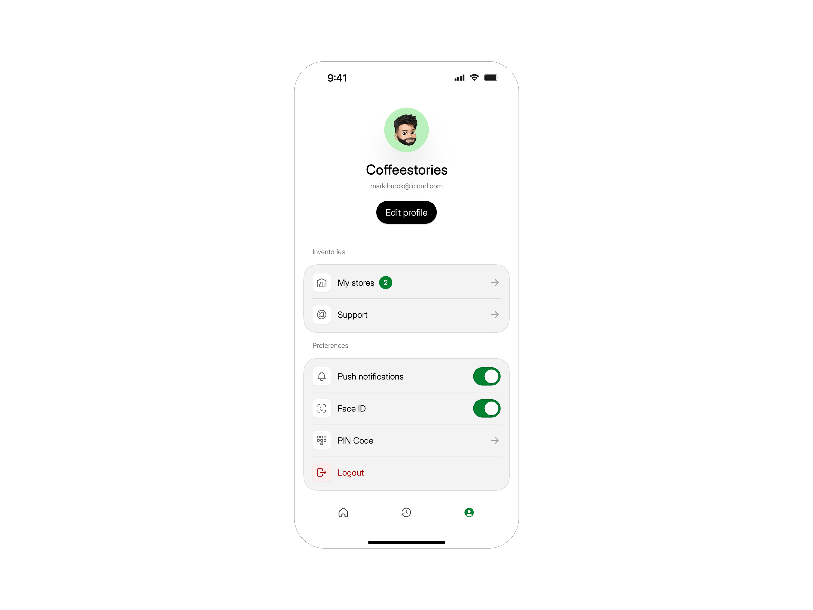 Inventory app: Profile clean inventory light minimal mobile profile settings ui warehouse