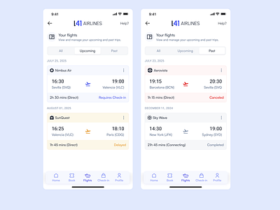 Upcoming and Past Flights Mobile UI for Flight Booking App booking design error figma flight mobile mobile app mobile ui state ui warning