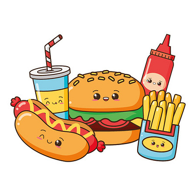 Kawaii Cartoon Burger Hotdog French Fries Soda Vector Illustrati design