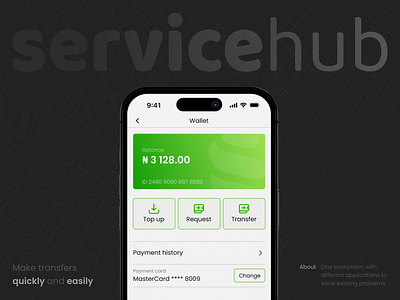 Integrated Wallet System in Mobile App | Servicehub card cash out confirm request delivery app delivery service driver food order logistics mobile app mobile design nigeria paument history pauments request send money servicehub services transfer money uxui wallet