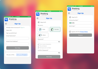 Shezlong Therapy App Mini Case Study mobileapp signup ui uiux ux uxdesign