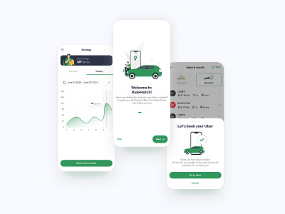 Taxi comparison App app chart contemporary design green greendesign illustration mobile mobile app modern onboarding taxi taxi app ui