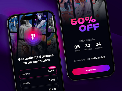 App Paywall Page with Offer app call dark design ios iphone mobile offer page paywall pink plan purple screen subscription theme ui ux
