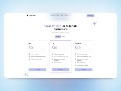 MagicFlow Webflow Website Template - Pricing Section Design clean design light mode marketing modern pricing pricing section saas template ui uiux unique web web design webdesign webflow webflow template webflow website website website template