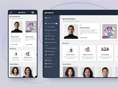 The Gemelo AI Dashboard Mobile & Desktop ai twin burger menu carousel desktop carousel mobile dashboard generative ai homepage light mode navigation drawer product design shortcuts ui cards ui design ui tiles