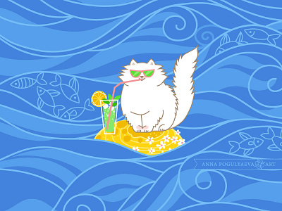 Cat on vacation. Bright pattern for fabric annapogulyaeva annapogulyaeva art cat design fabric graphic design illustration pattern pet print sea summer textile design vacation vector waves white cat