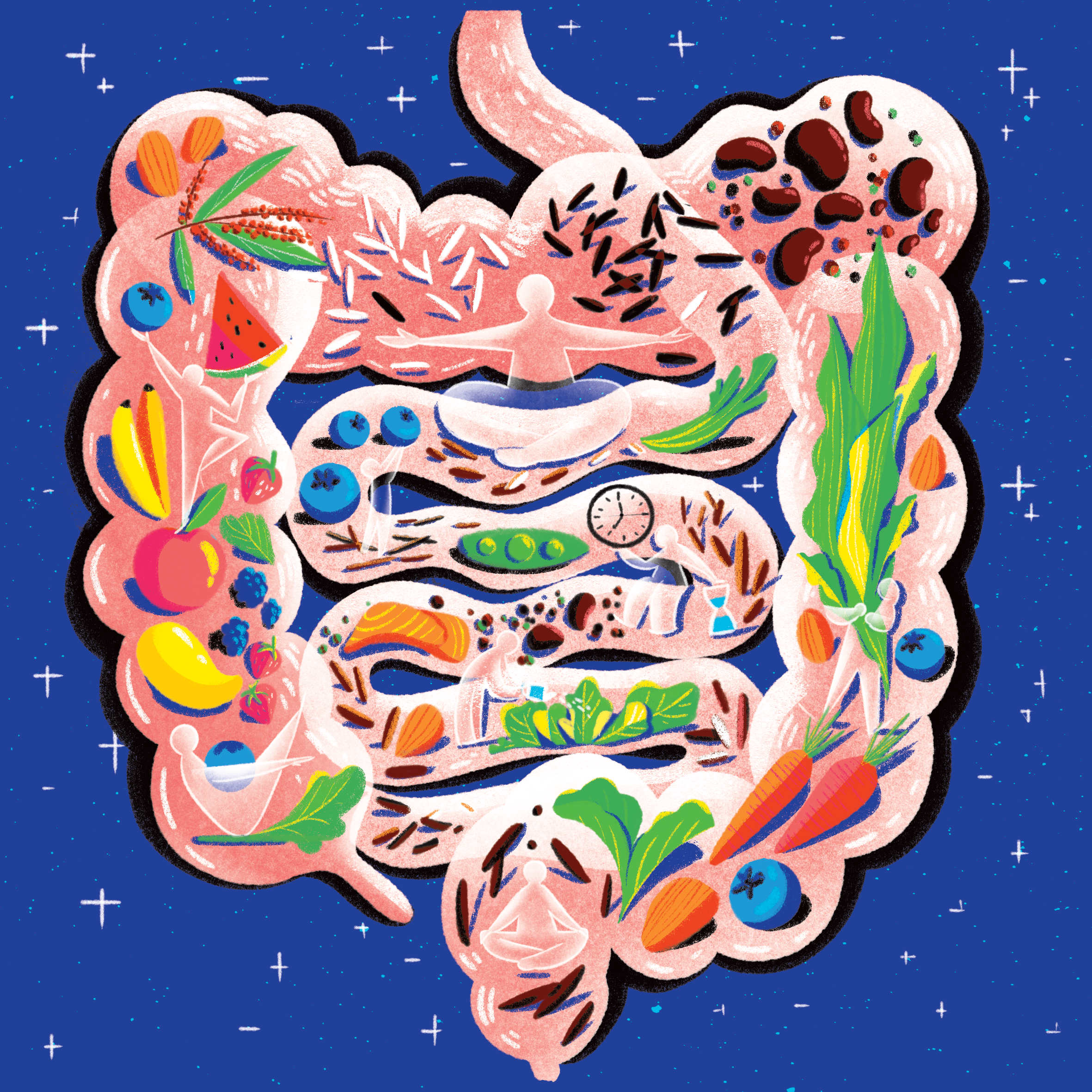 LEARN TO EAT FOR GOOD HEALTH bloomberg businessweek vietnam digital painting eat exercise gut healthy food ideation illustration intestino magazine thanh soledas vegetable yingyang