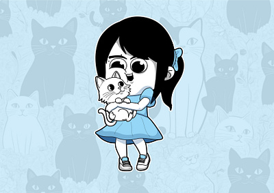 Cute Girl with a Cat blue cartoon cat character character design cute girl illustration vector