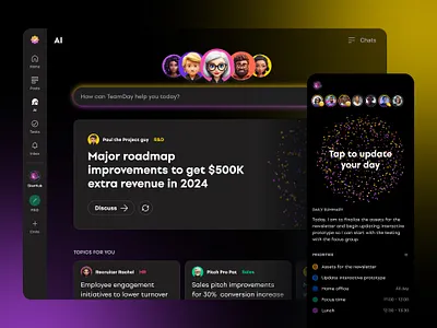 TeamDay.ai - AI Powered Productivity Sidekick aiassistant aichat aiproductivity animoji app characters check ins collaboration culture dark productivity smart