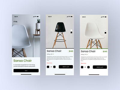 Furniture App add to cart chair color consulting design figma freelance furniture hire me mobile app design plastic prototype sansa chair table ui user experience user interface ux wooden furniture work for me