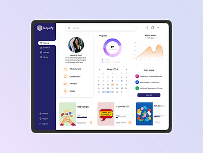 Dashboard for a language learning app dashboard e tech figma language learning app navigation profile progress tracking ui uiux web app