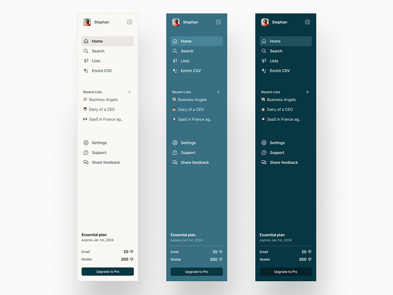 Minimal nav — Surfe UI app browser app dark mode light mode menu minimalism nav menu navigation new components new tool product design saas saas app side nav side navigation sidebar ui ui design upgrade plan user interface