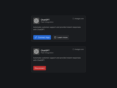 Integration - Connect App chatgpt component connect dark mode design exploration disconnect documentation figma info install app integration learn more modal open in new window product design ui uninstall ux web web design