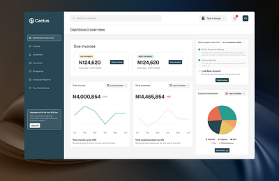 Dashboard for Cactus [Finance/Bookkeeping software for SMEs] budgeting cashflow charts clean dashboard design finance fintech invoice logo minimal minimalist navigation sidebar sme ui ui design web app web design website design