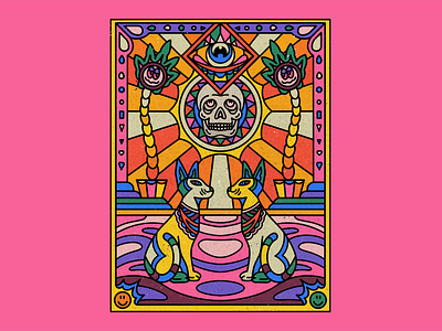 BEAUTY PUSY album branding cat colorful death design eye graphic design illustration merch mushroom palm psychedelic pusy skull sun surreal ui vibrant vintage